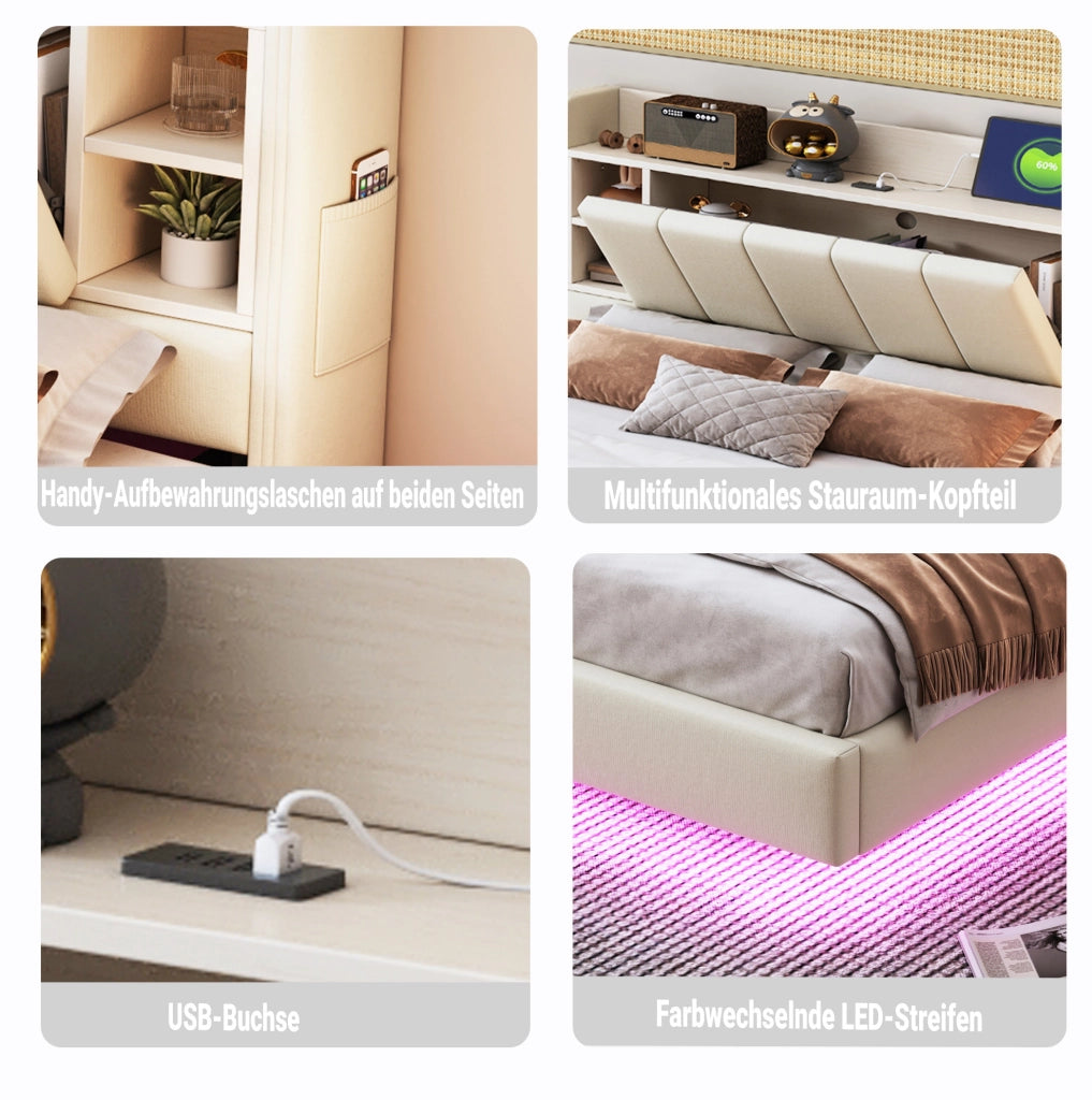 Letto matrimoniale imbottito beige 140 x 200 cm con LED, USB e contenitore