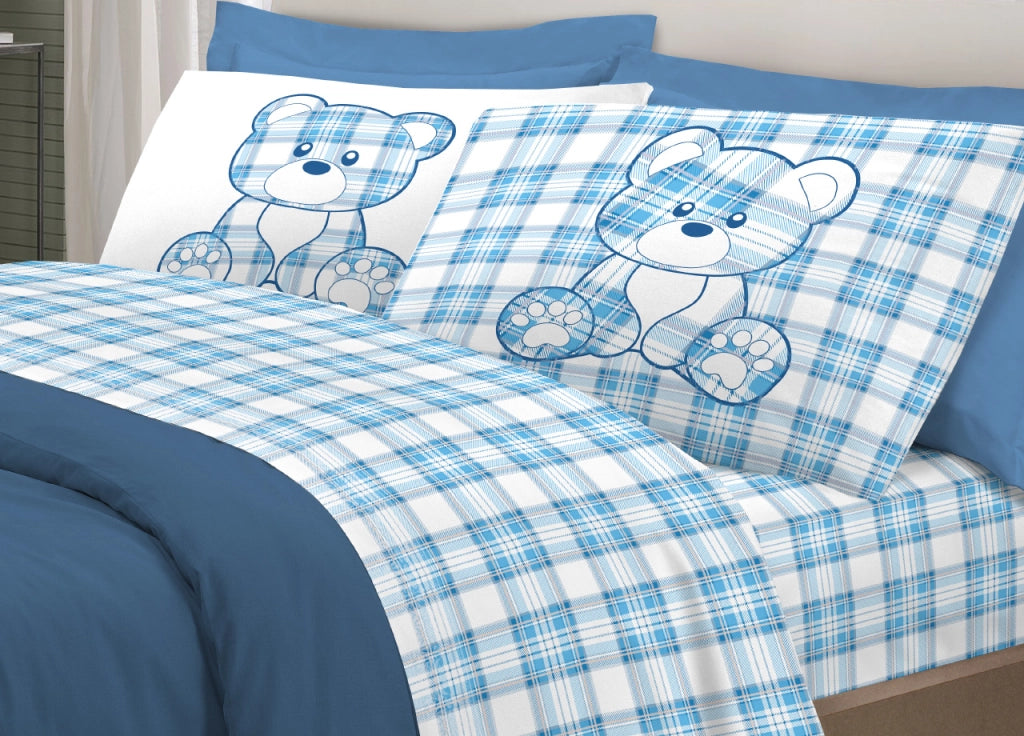 Completo Lenzuola Linea Pensieri Delicati 100% Cotone Orsetto Tartan Primavera - Piazza E Mezza - Azzurro