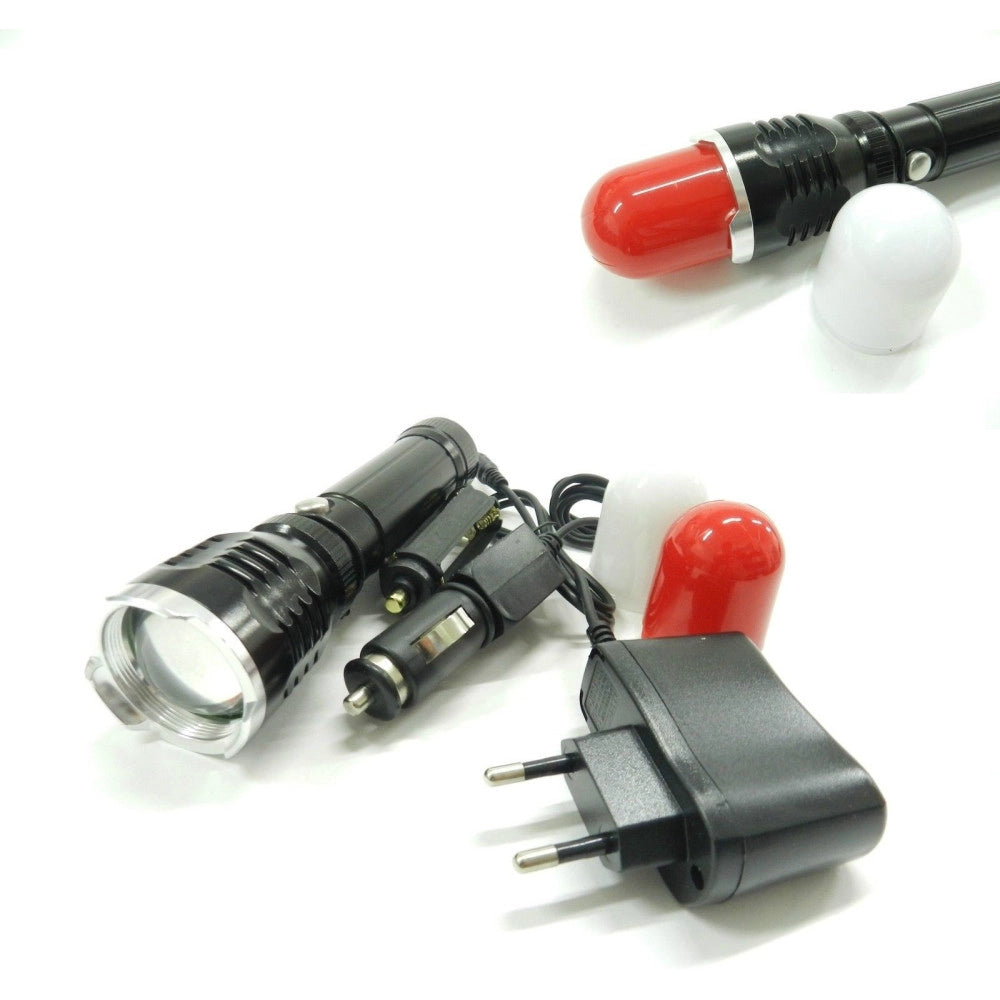 Trade Shop - Torcia Led A Luce Bianca 800 Lmn Con Segnalatore Di Emergenza Con Caricabatterie -