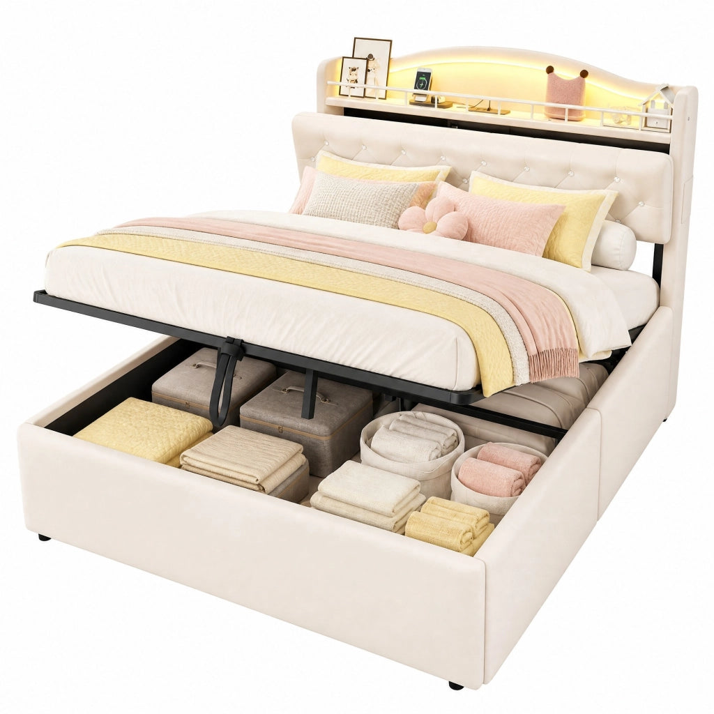 Letto contenitore matrimoniale con USB; USB-C; vani testata e LED 140 × 200 cm; senza materasso