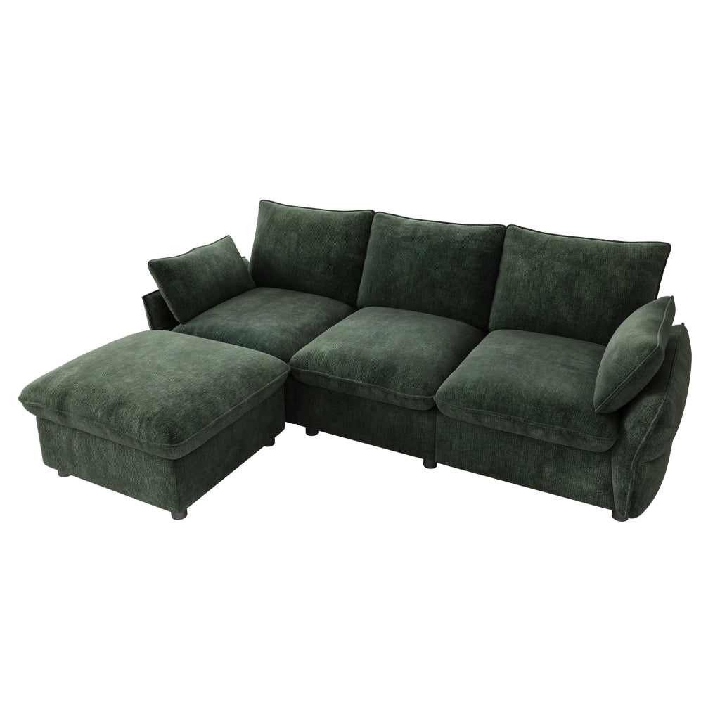 Divano angolare con hocker e 2 cuscini in chenille verde scuro 222.5 × 154.5 × 76.5 cm