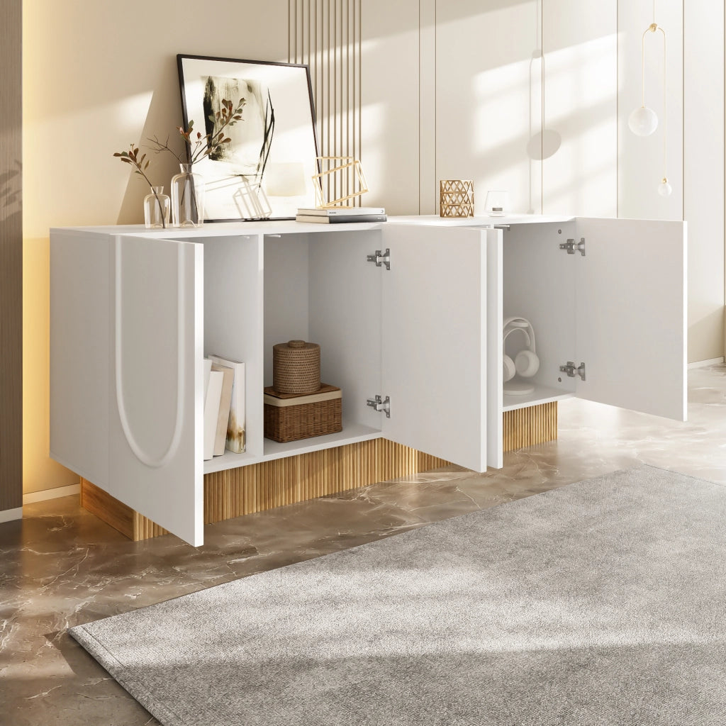 Credenza con 4 Ante; Rilievo a U; 4 Scomparti; Finitura Opaca; Stile Moderno; in Pannello Truciolare; 160??38??75 cm; Bianco Legno