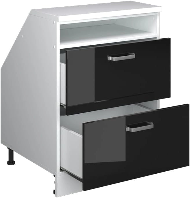 Mobile sottotetto Rion, Nero lucido, 60 x 81.6 cm con 2 cassetti, carcassa 60 cm profondità, adatto per il salvaspazio sotto tetti spioventi