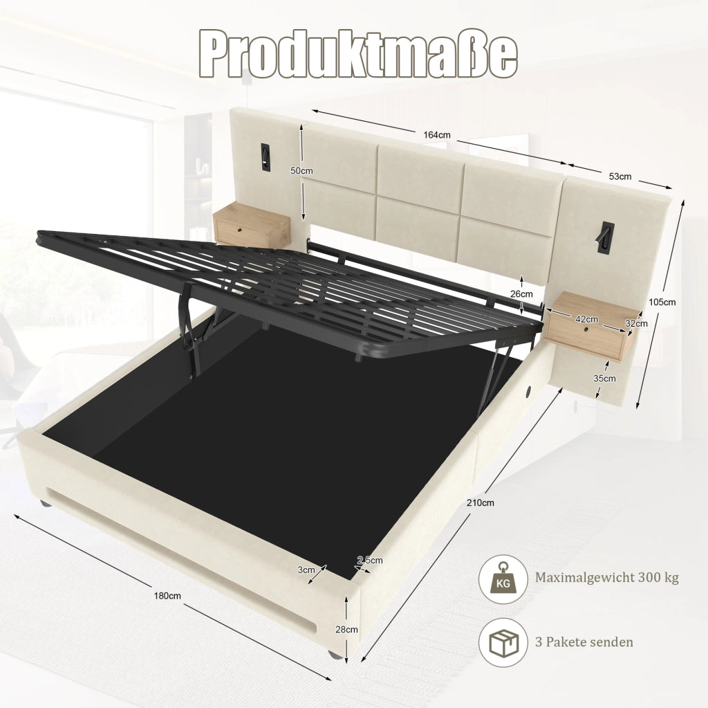Letto imbottito 250x210x105 cm con testiera con contenitore; USB-C; LED; velluto beige