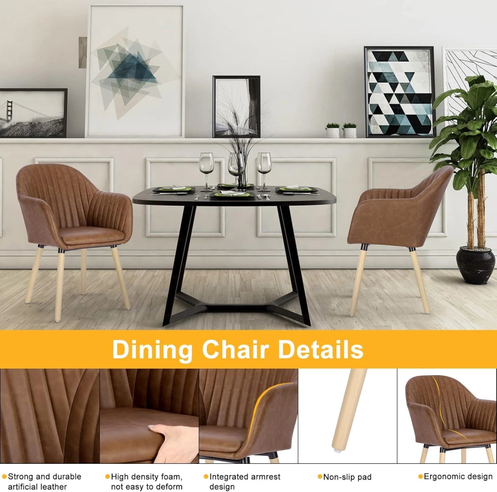 Set di 2 Sedie per Sala da Pranzo con Schienale Braccioli Poltrona Imbottita Gambe in Legno Seduta in Similpelle, Marrone, BH336br-2