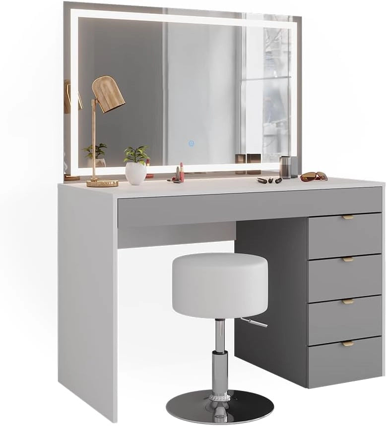 Tavolo da toeletta Elise, Bianco/grigio/grigio, 115 cm con specchio LED e sgabello, con illuminazione LED e seduta girevole regolabile in altezza