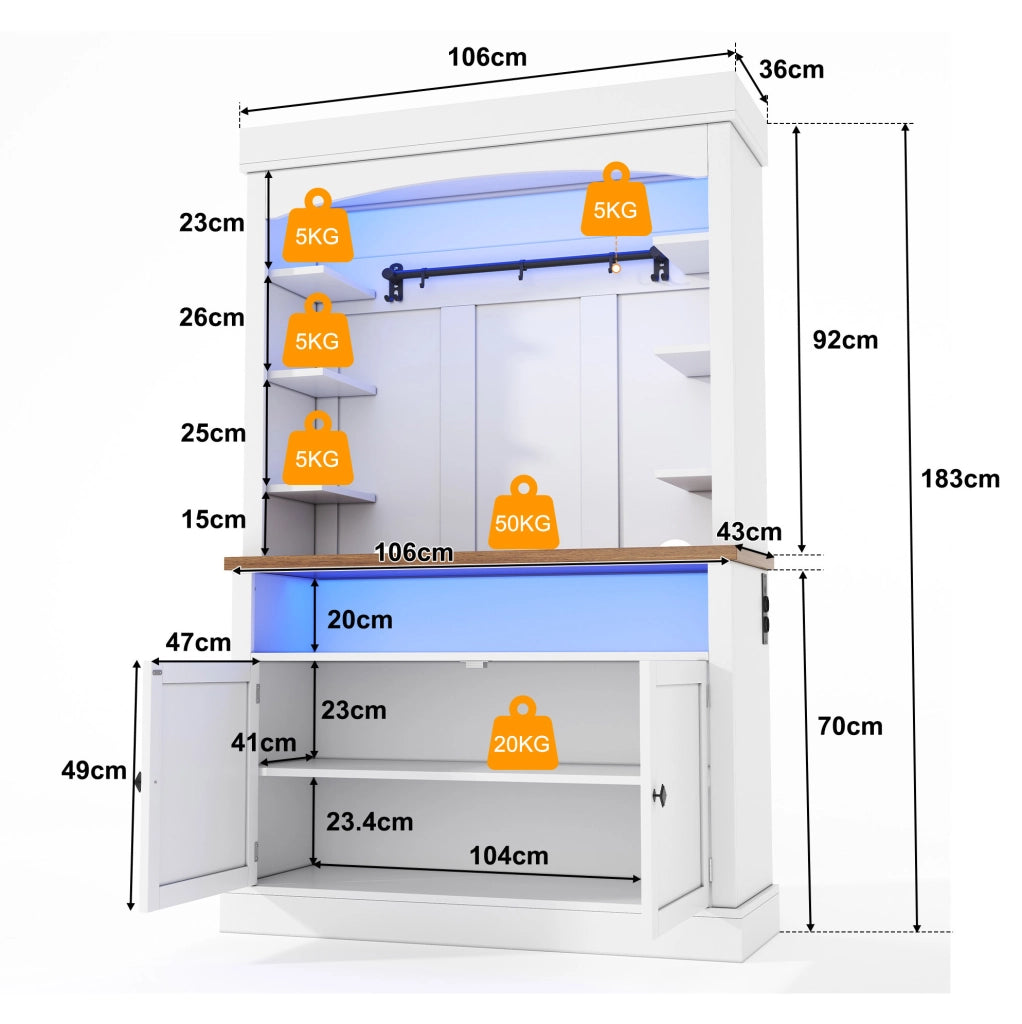 Armadio alto ad arco 106x43x183 cm in MDF bianco con LED RGB; prese USB e ripiani