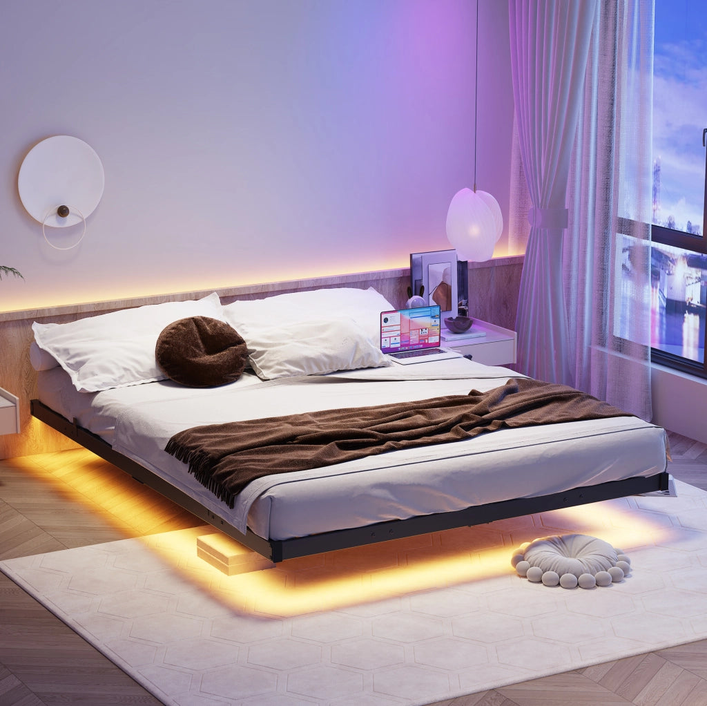 Struttura letto 140x190 cm con effetto sospeso, LED e stazione di ricarica