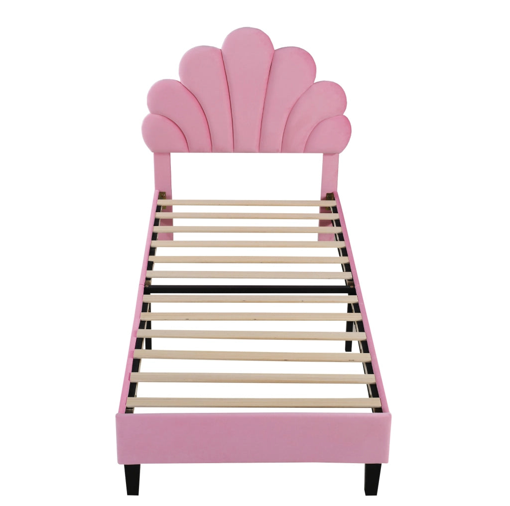 Letto imbottito 90x200 cm in velluto rosa con testiera a fiore e rete a doghe