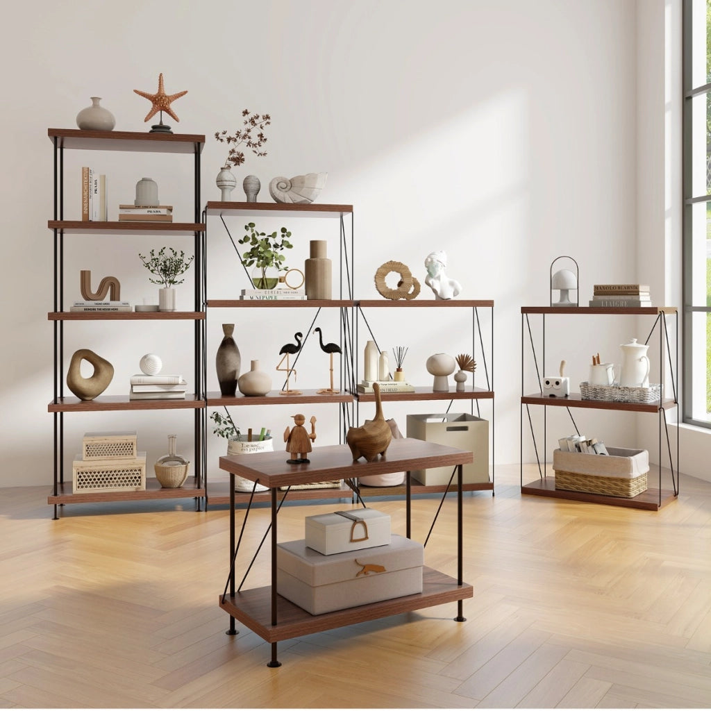 Scaffale multiuso a 5 ripiani con struttura in metallo-Libreria autoportante con stile industriale Noce 60x29,5x147cm