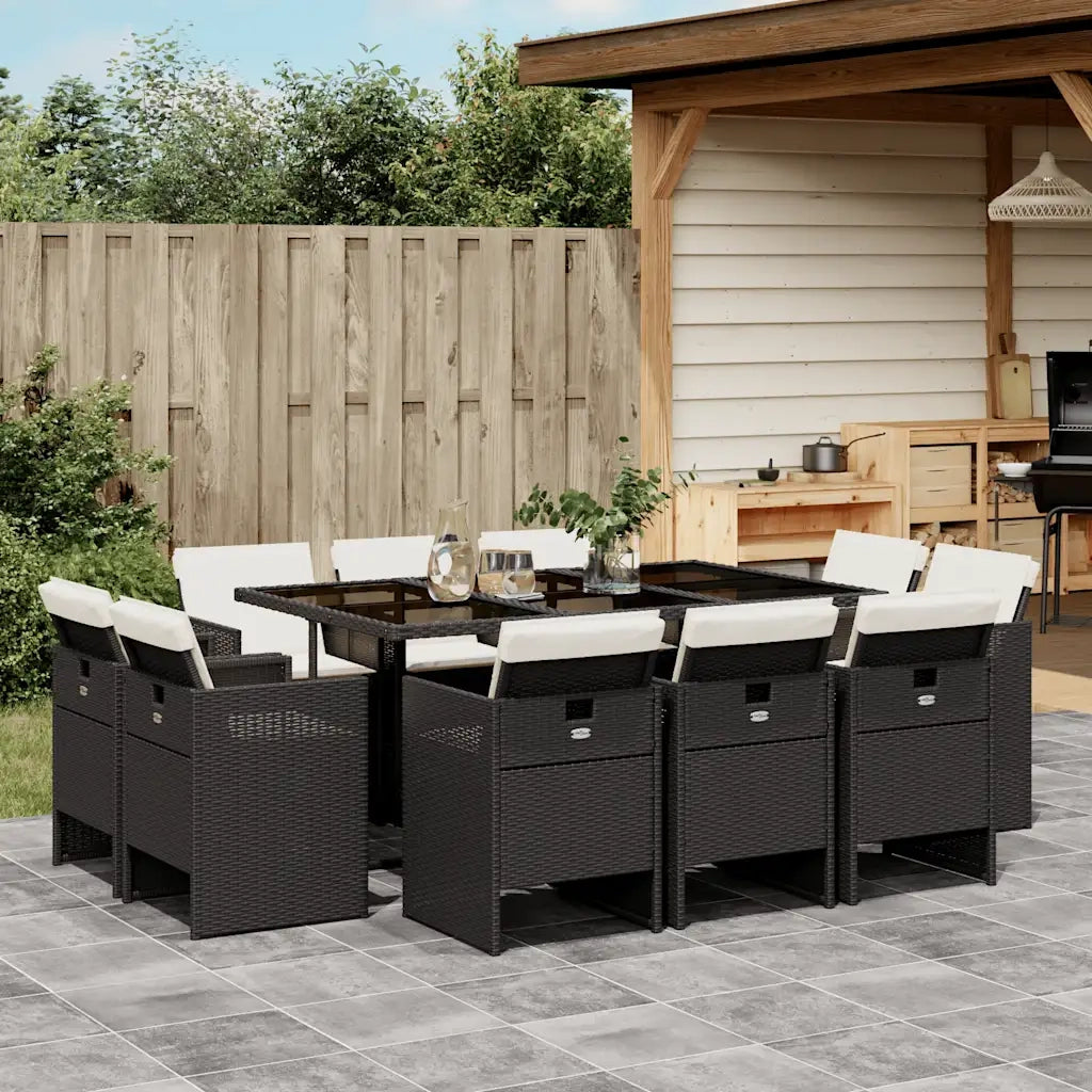 Set da Pranzo da Giardino 11 pz con Cuscini in Polyrattan Nero