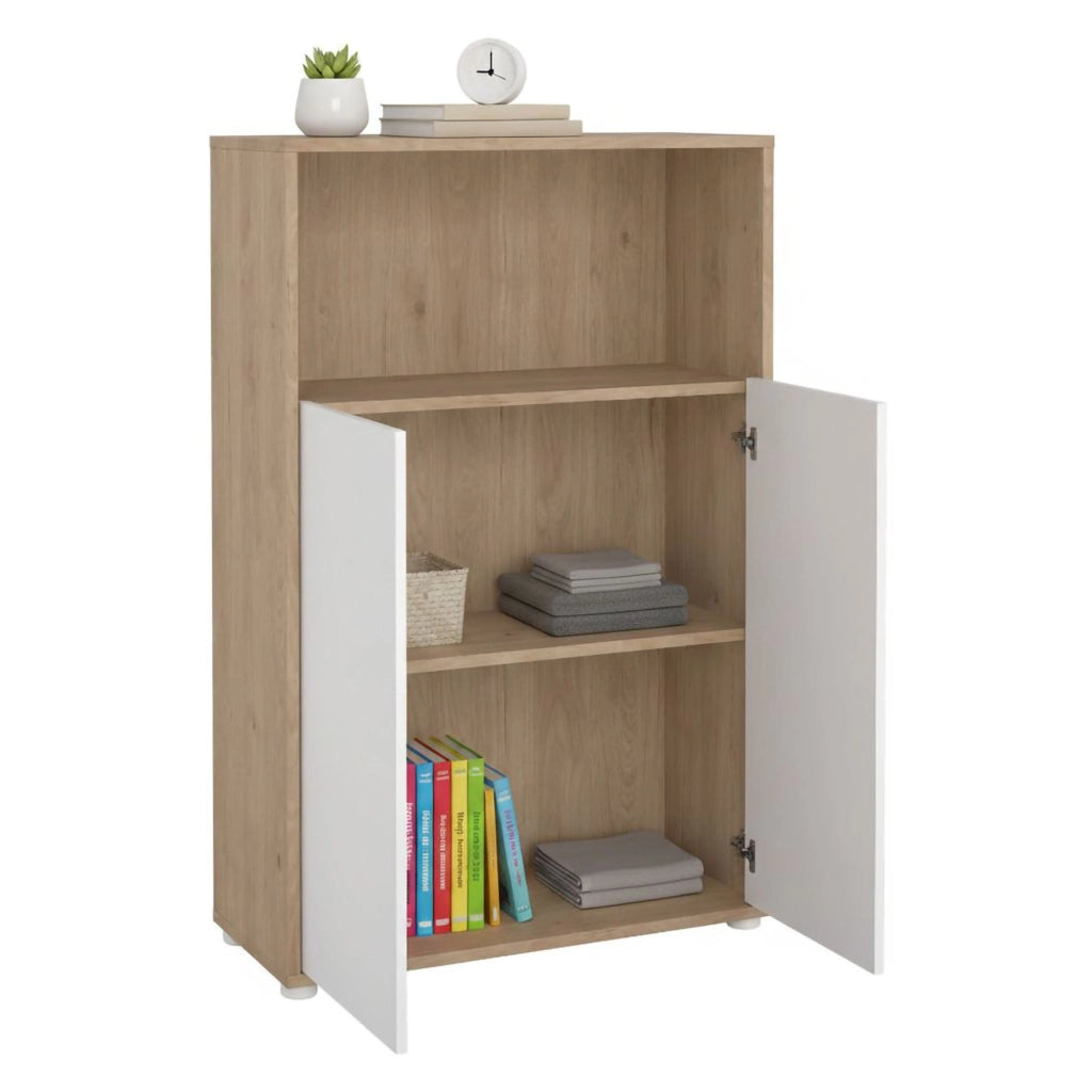Credenza Canossa, Buffet da soggiorno, Madia da salotto, Dispensa da cucina, 80x34 h124 cm, Rovere e Bianco