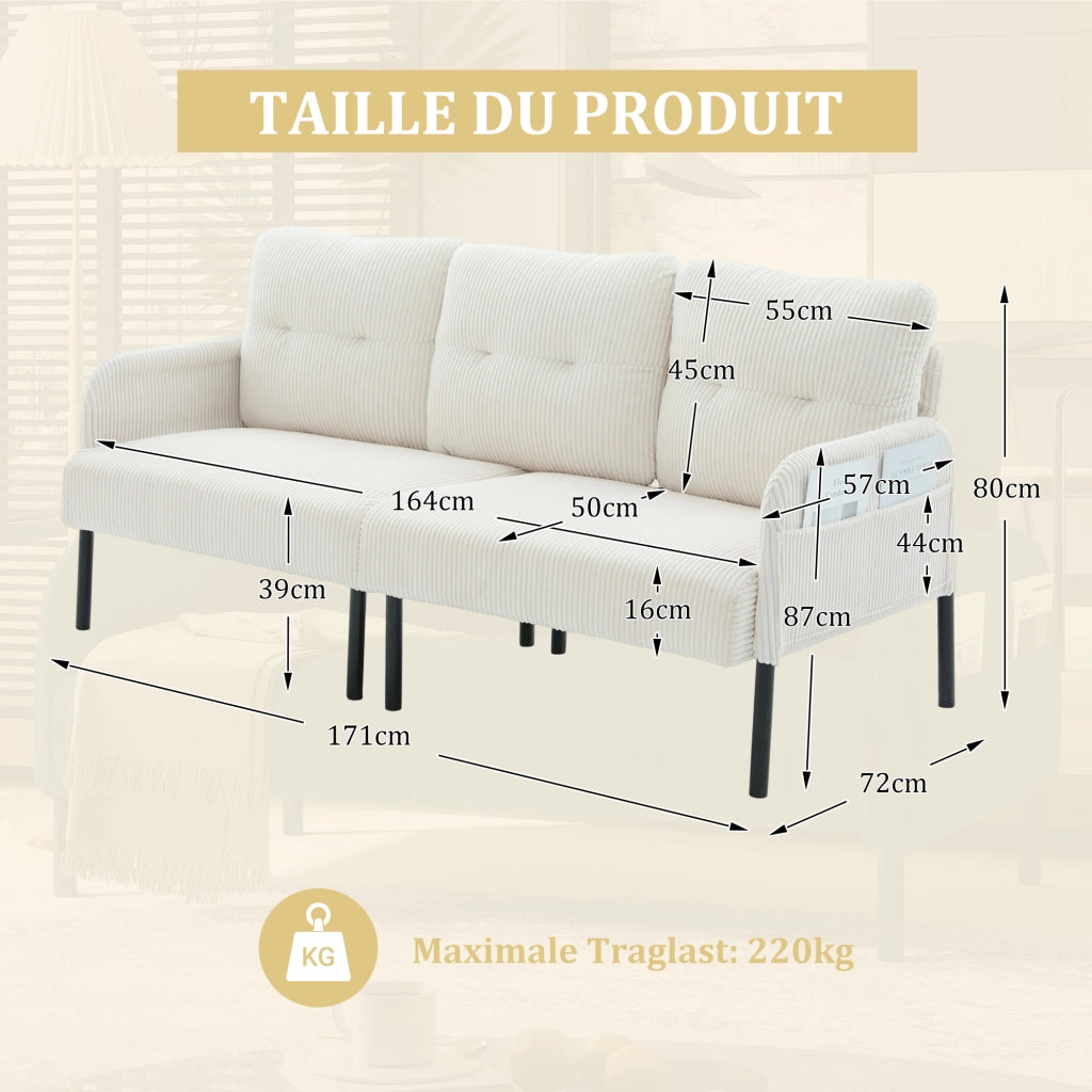 Divano a 3 posti in corduroy beige con schienale ergonomico, tasca laterale e struttura in metallo