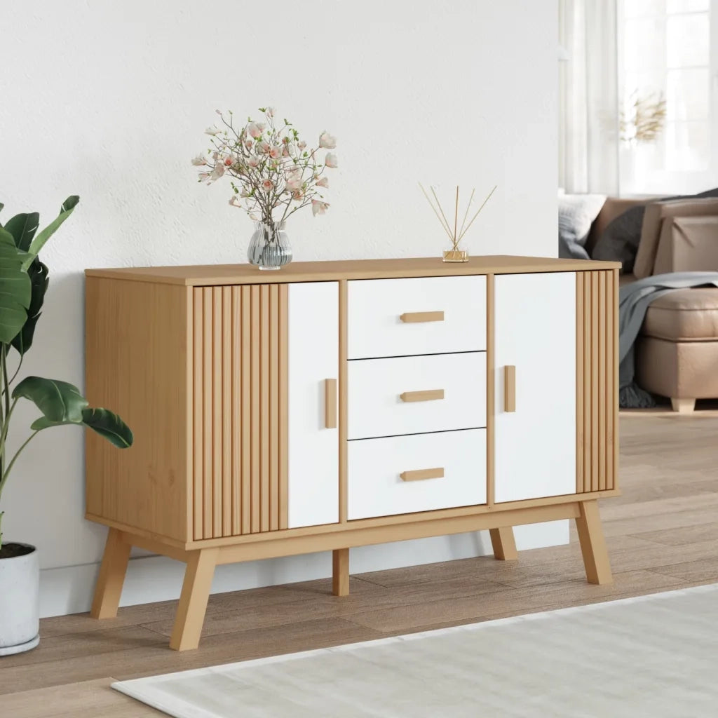 Credenza | Madia | Buffet da pranzo | Armadio da pranzo OLDEN Bianca e Marrone 114x43x73,5 cm Massello di Pino