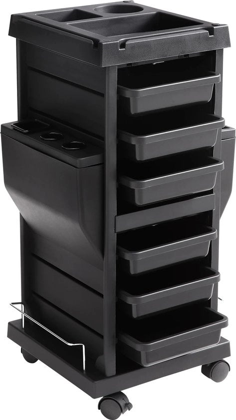 Carrello da lavoro 7 livelli su ruote - 6 contenitori rimovibili e supporto attrezzi - 65 kg di capacità di carico - carrello da salotto rotante - deposito per capelli - nero