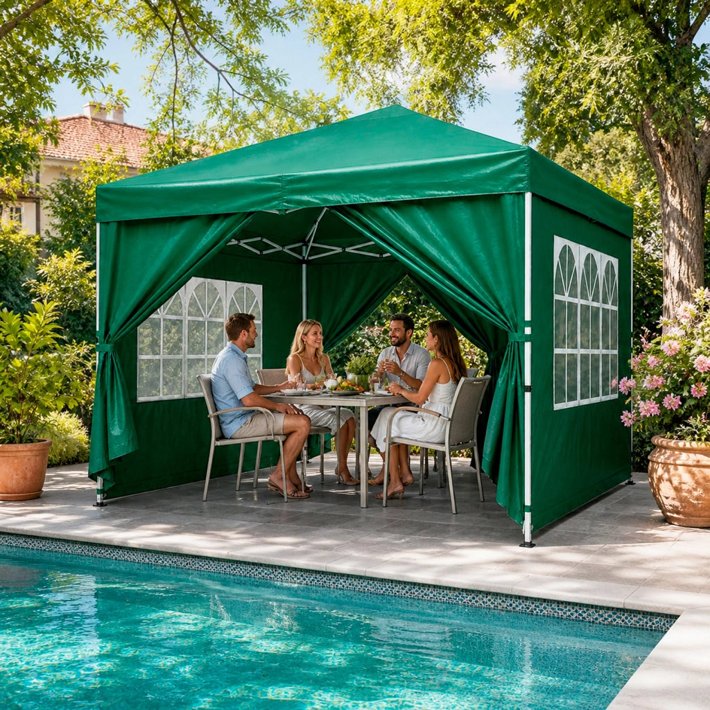Gazebo Pieghevole Per Giardino Con Teli Laterali Finestre Trasparenti Chiusura Pop Up Copertura Impermeabile UV50+ Telaio In Acciaio Per Eventi Outdoor 3 x 3 x 2.59 m Verde