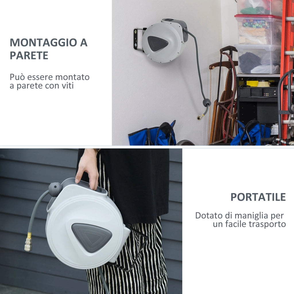 EasyComfort Avvolgitubo Automatico 20m + 194cm con Attacco Φ1/4'', Montaggio a Parete e Ruotabile di 180°, Grigio