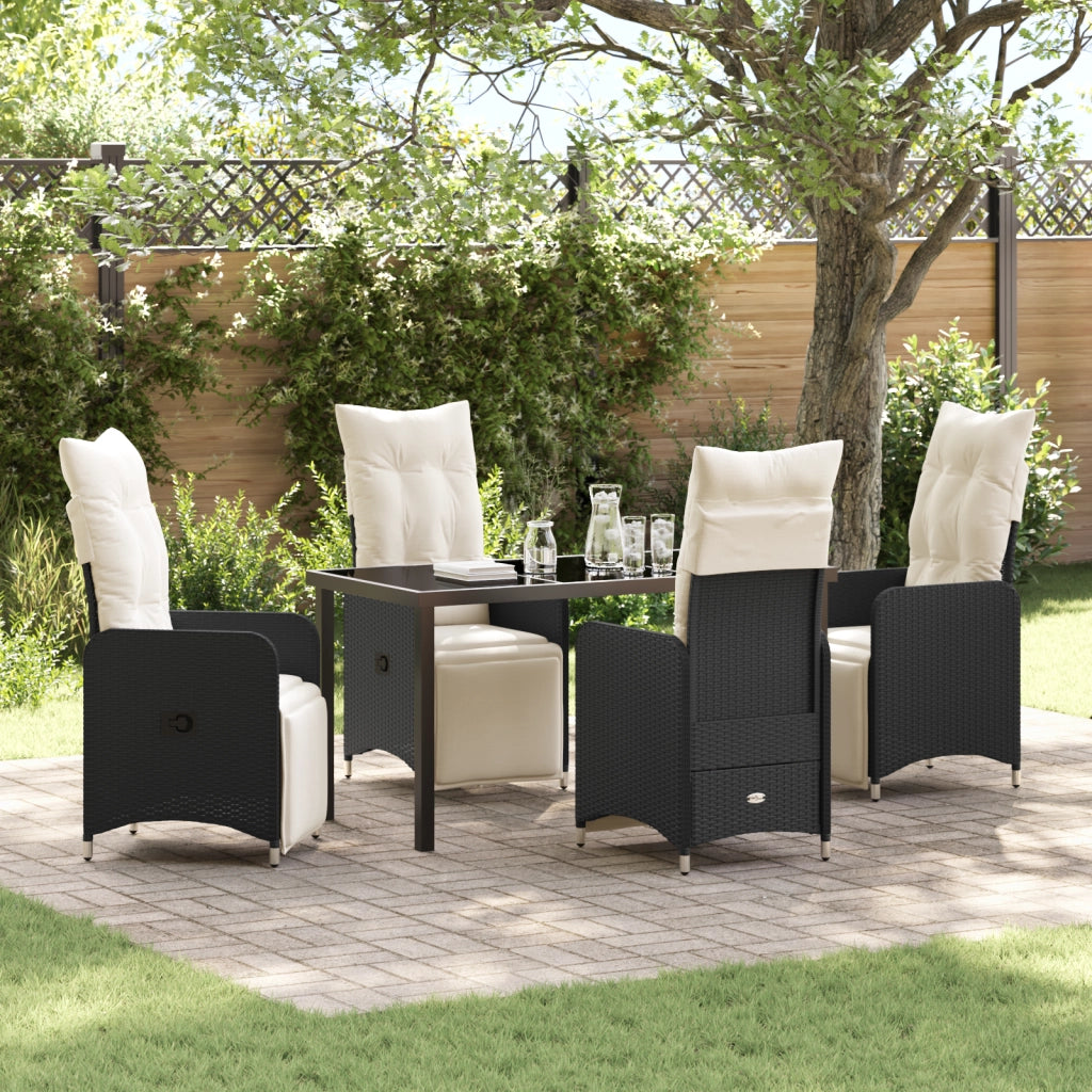 Set da Pranzo da Giardino 5 Pezzi con Cuscini Neri in Rattan Sintetico.