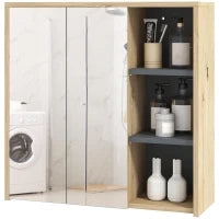Armadietto per il Bagno con Specchio, Armadietto Toilette a Muro, 3 Mensole Aperte, 60 x 20 x 60 cm, Legno Naturale
