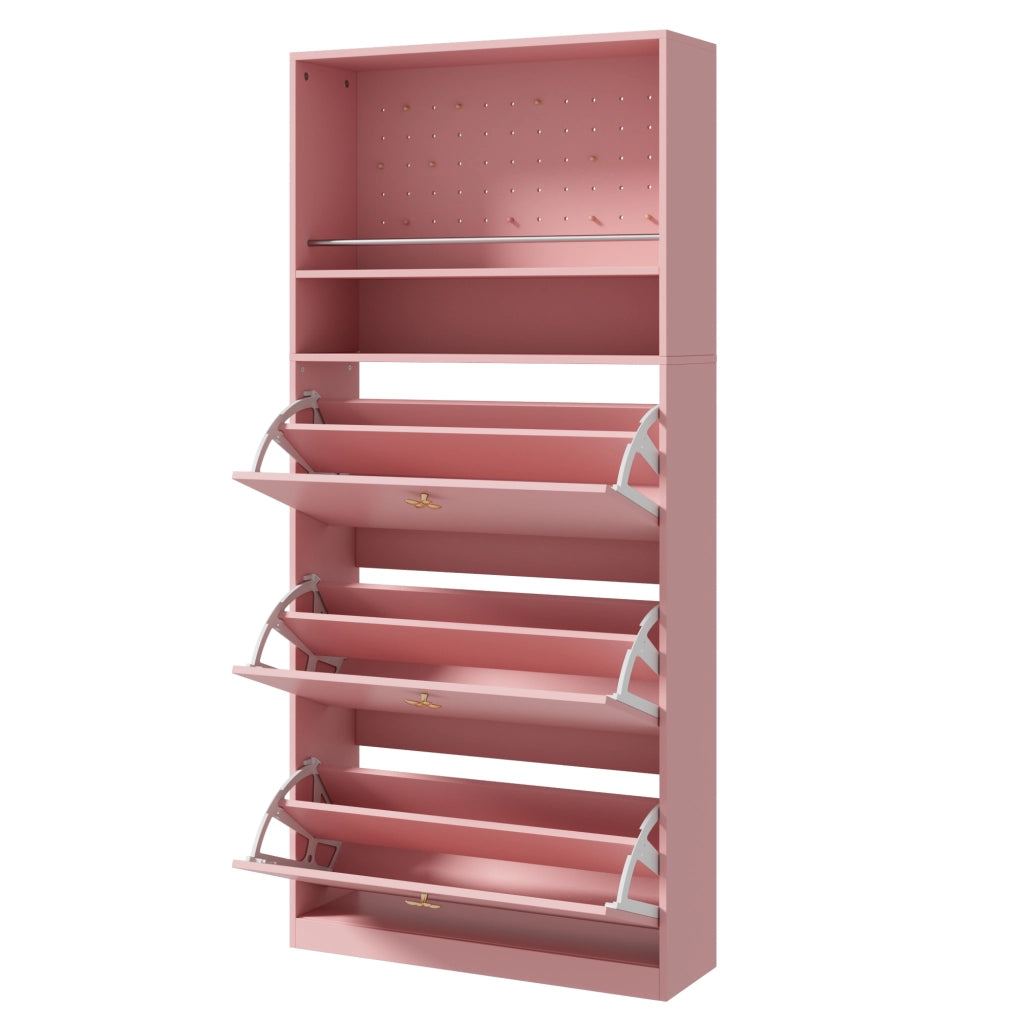 Scarpiera alta e stretta con 3 vani a ribalta, vano aperto superiore e cassetti, colore rosa, 80 ¡Á 24 ¡Á 178,5 cm