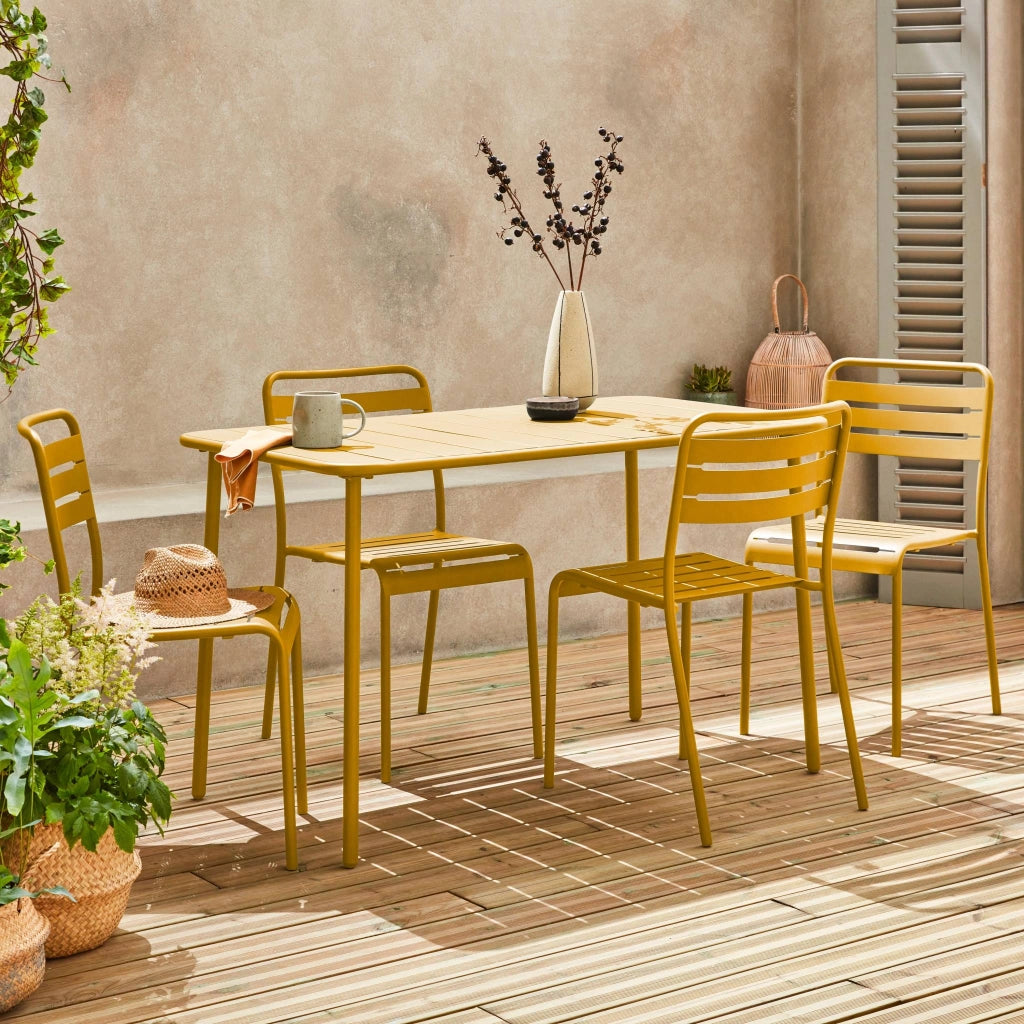 Set tavolo da giardino bistrot in metallo con 4 sedie, 120cm, ocra