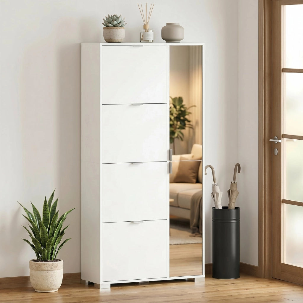 Scarpiera alta bianca 82×30×168 cm con specchio, 4 cassetti ribaltabili e armadietto laterale, mobile multiuso salvaspazio per ingresso casa