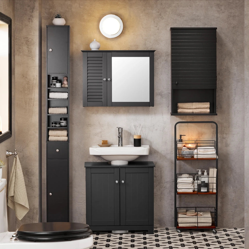 Armadio Colonna bagno, Mobile bagno alto con 2 Ante e 1 cassetto altezza: 180 cm Nero BZR34-SCH
