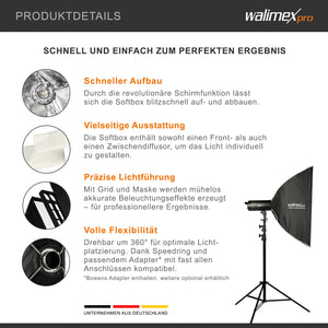 Studio Softbox 60x90cm + adattatore softbox per Hensel Expert, ruotabile a 360°, facile da montare grazie alla funzione ombrello, include griglia, maschere