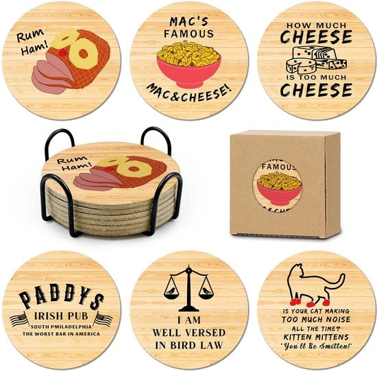 Set di 6 holder per bicchieri con piede, tema TV Always Sunny in Philadelphia, articoli di merchandising per holder con tema TV, Always Sunny in Philadelphia, regali per fan