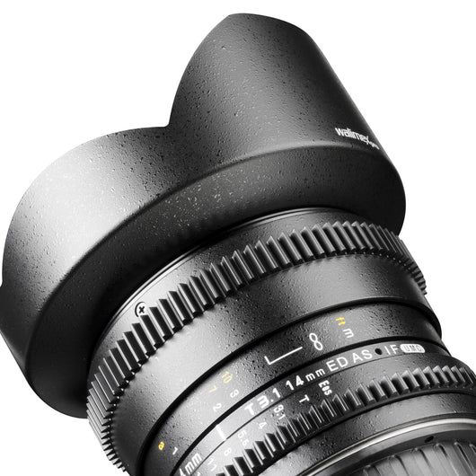 Walimex Pro 14mm 1:3.1 obiettivo VDSLR per foto e video (incluso paraluce fisso, IF, ghiera ingranaggi, apertura e messa a fuoco continua, grandangolo) per obiettivo Nikon F baionetta nera