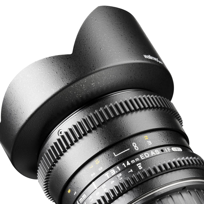 Walimex Pro 14mm 1:3.1 obiettivo VDSLR per foto e video (incluso paraluce fisso, IF, ghiera ingranaggi, apertura e messa a fuoco continua, grandangolo) per obiettivo Nikon F baionetta nera