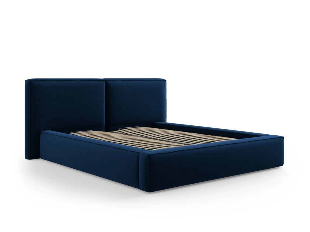 Cosmopolitan Design - Letto a cassettone con testiera doppia "Arendal" 160x200cm in velluto blu reale 