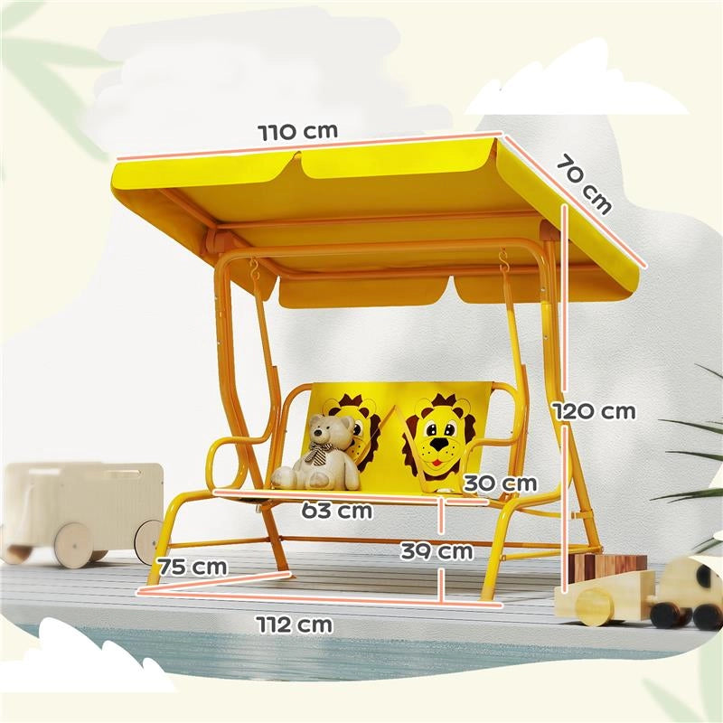 DONDOLO PER BAMBINI DA ESTERNO A 2 POSTI CON TETTUCCIO REGOLABILE E CINTURE DI SICUREZZA 112X75X120 CM GIALLO