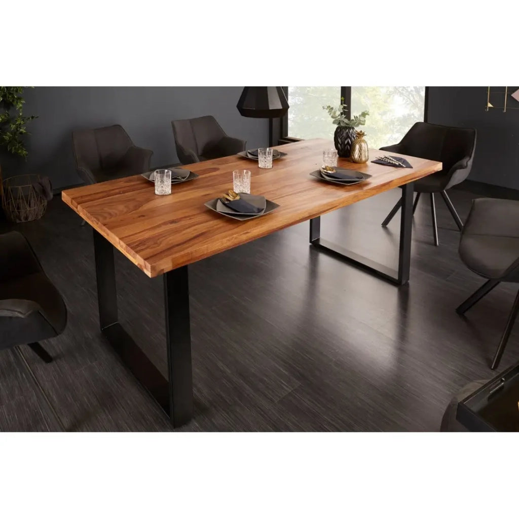 Tavolo da pranzo LODEN 200 cm – Piano in legno massello di sheesham verniciato – Gambe a U in metallo nero