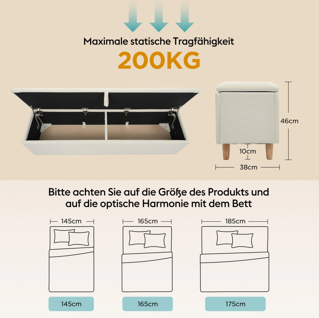 Letto matrimoniale in legno chiaro con panca contenitore e LED
