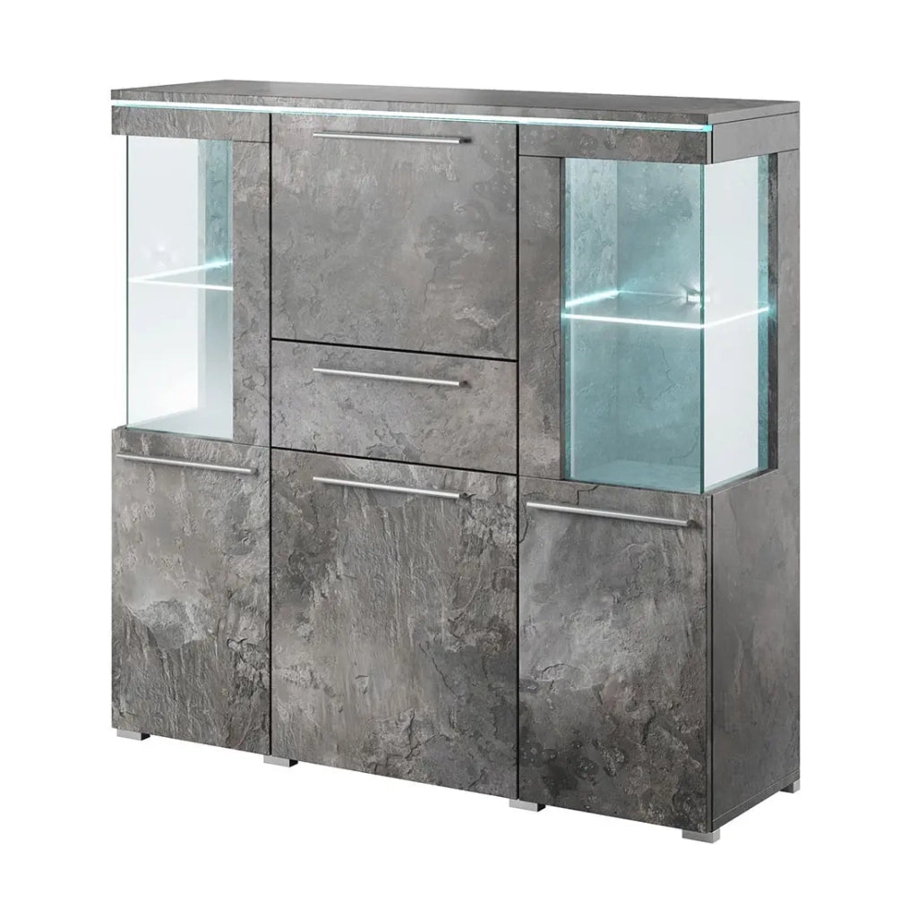 Credenza alta BOMBAY colore grigio effetto ardesia. Illuminazione LED multicolore integrata.