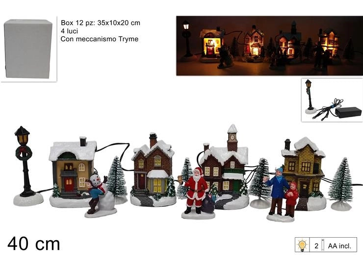 Decorazione Villaggio Natalizio Natale 4 Case Batteria 12 Pezzi