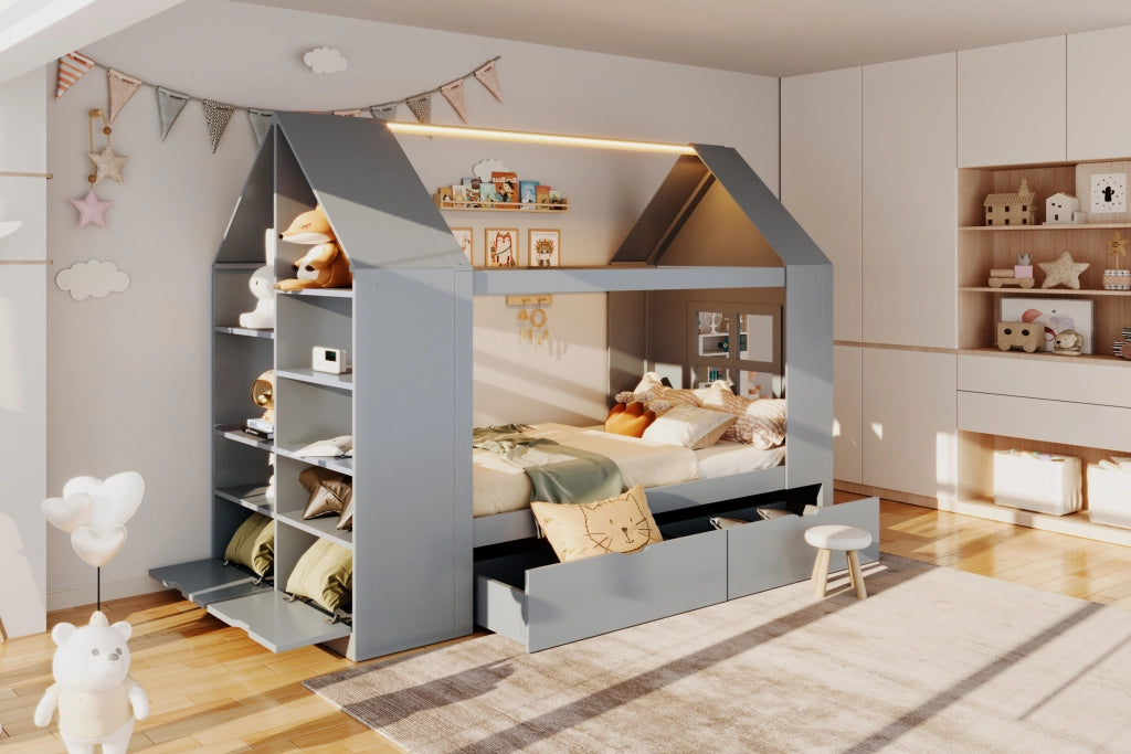 Letto per bambini 90 × 200 cm con due cassetti, led, contenitore e finestra decorativa, senza materasso, in legno, grigio