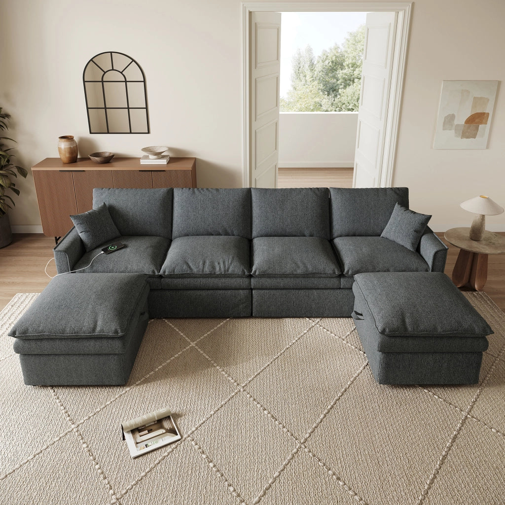 Divano modulare 6 posti a U/L con 2 pouf contenitore e USB; grigio 277x135x80 cm