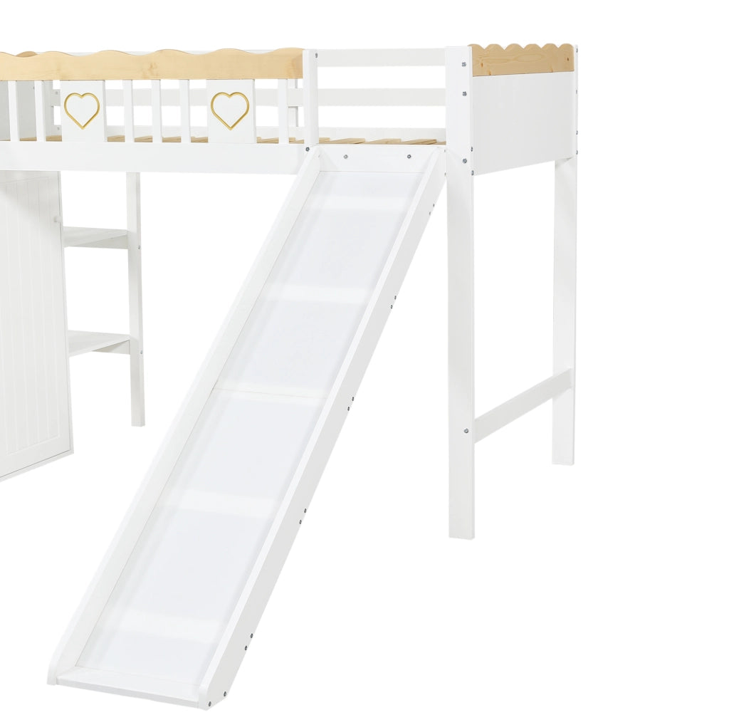 Letto a soppalco 90x200 cm con scivolo; guardaroba e vano contenitore in legno e MDF bianco naturale
