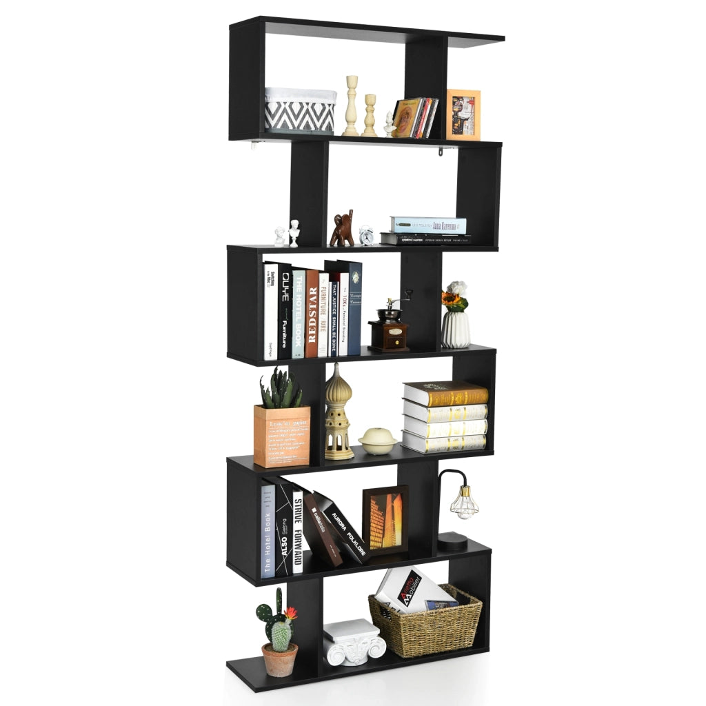 Libreria a 6 livelli a forma di S con dispositivo antiribaltamento-Scaffale di legno per casa e ufficio Nero