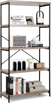 Libreria a 5 Piani, Scaffale Industriale in Legno con Struttura in Metallo, Aste di Sostegno a X Dispositivo Antiribaltamento, per Soggiorno Ufficio, 79x35x160 cm (Grigio)