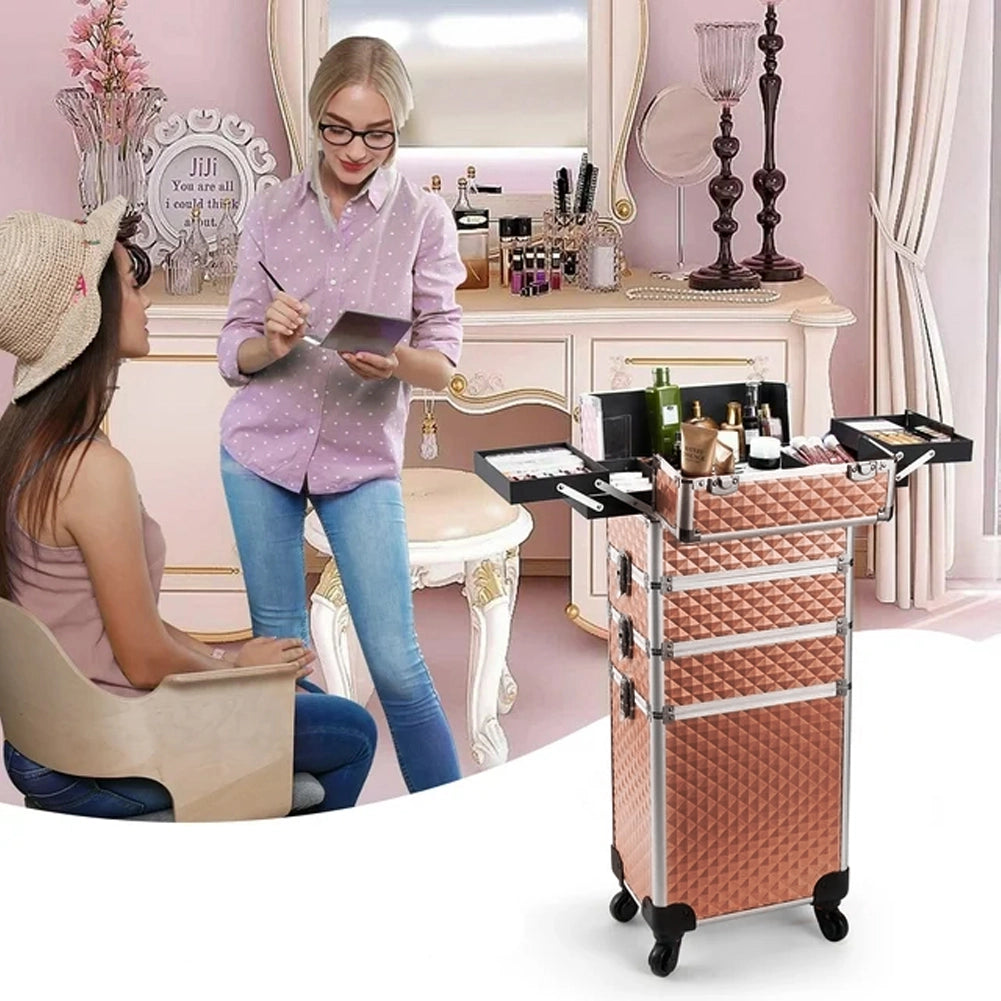 Trolley Makeup 4in1 Valigetta Oro Trucco Estetista Beauty Case Ruote Staccabili