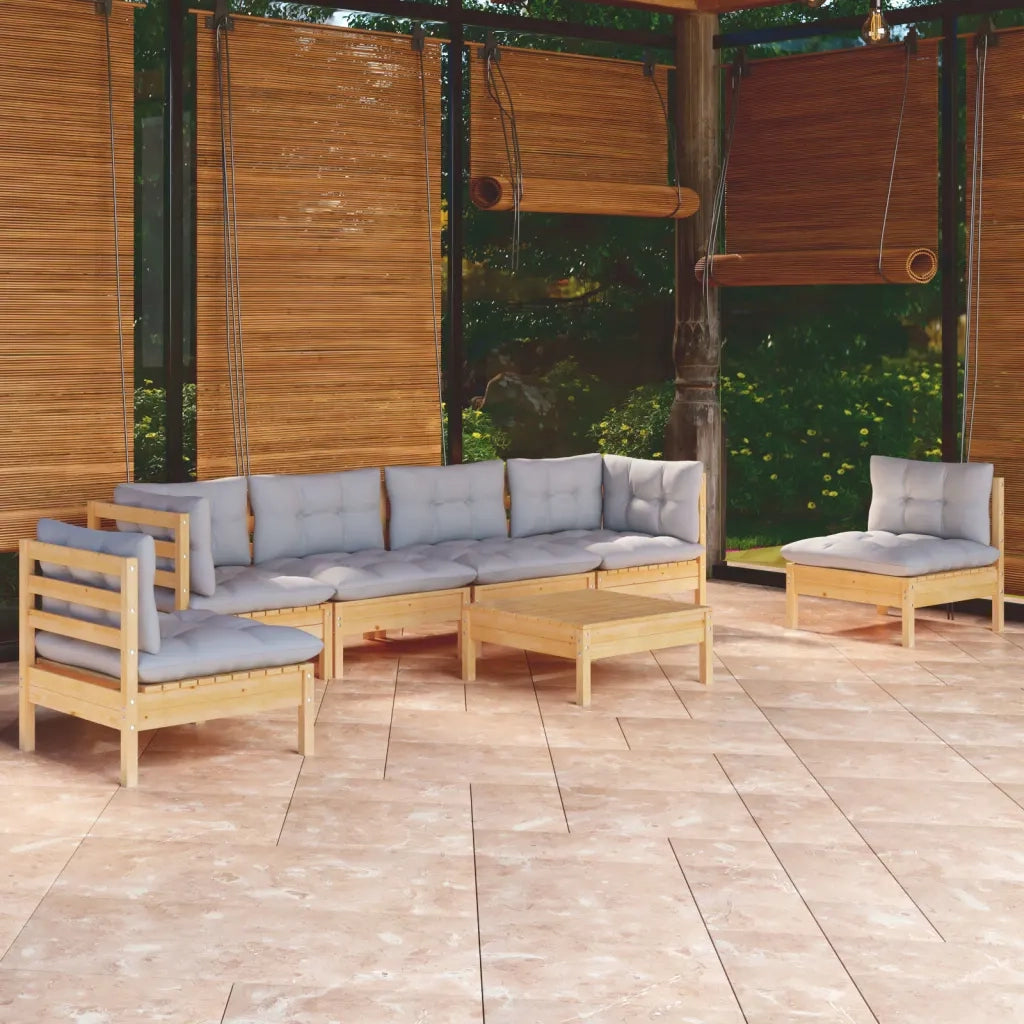 Set Divani da Giardino 7 pz con Cuscini Grigi Massello di Pino 3096201