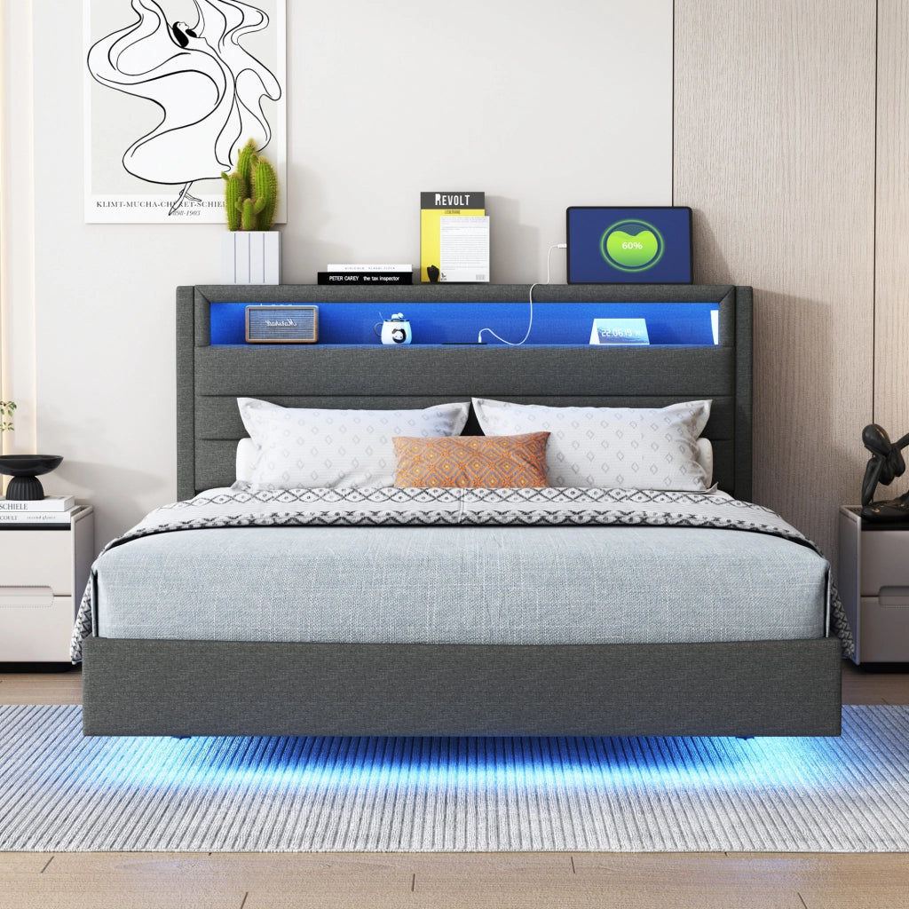 Letto imbottito 140x200 cm grigio in tessuto con USB, LED e testiera reversibile