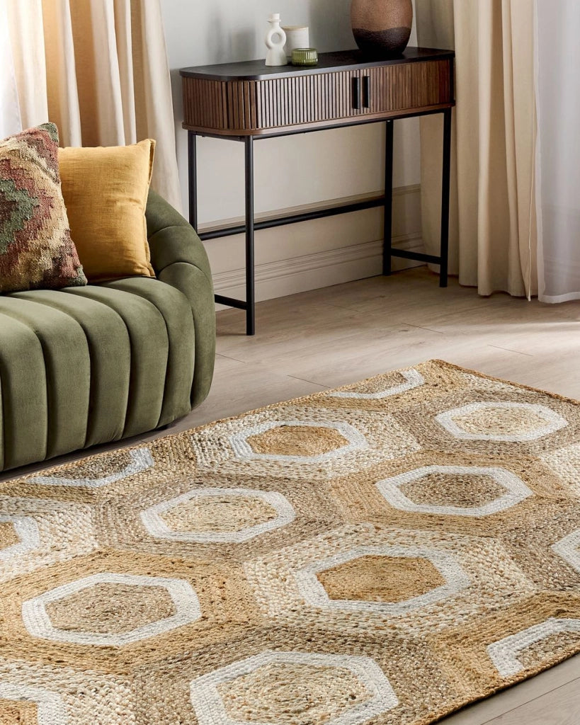 Tappeto corridoio in iuta beige intrecciato a mano con motivo geometrico 160 x 230 cm ingresso stile boho rustico