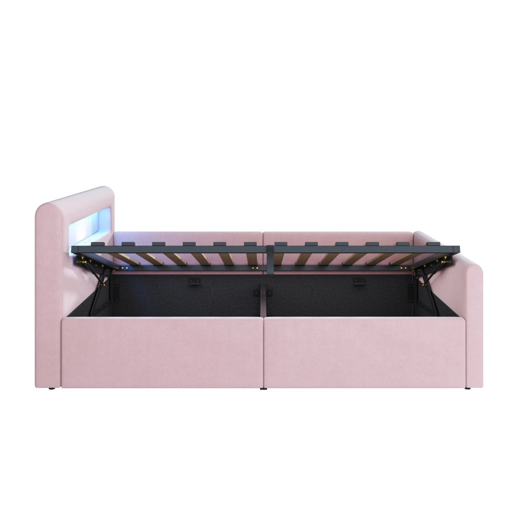 Letto imbottito per bambini 90x200 cm in velluto rosa con LED; luce notturna; USB e contenitore