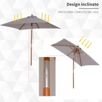 Ombrellone da Giardino Inclinabile 2x1.5 m a 6 Stecche con Palo in Legno di Abete, Grigio