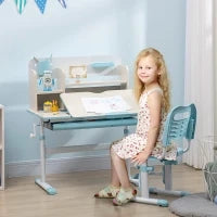 Set Scrivania e Sedia per Bambini da 3 Anni Regolabile, Tavolo Inclinabile a 60° con Cassetto e Ripiani, Blu