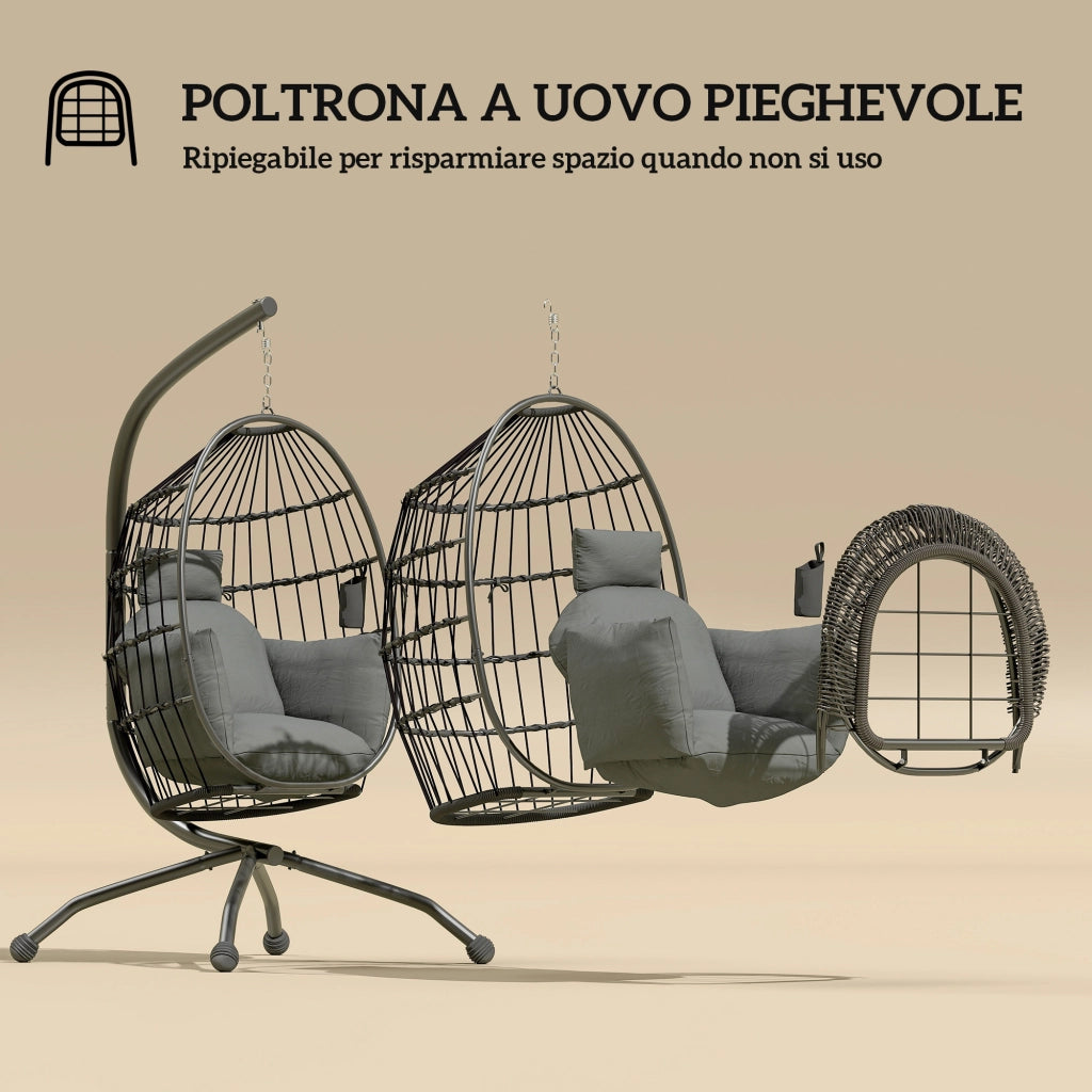 Poltrona Sospesa a Uovo con Cuscini e Cesto ¨C zephmum ¨C Nero e Grigio, Acciaio, 120x88x192 cm